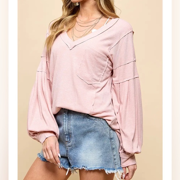 Cezele Tops - Pocket Knit Drop Shoulder V Neck Long-Sleeve Top in Mauve (Pink)
